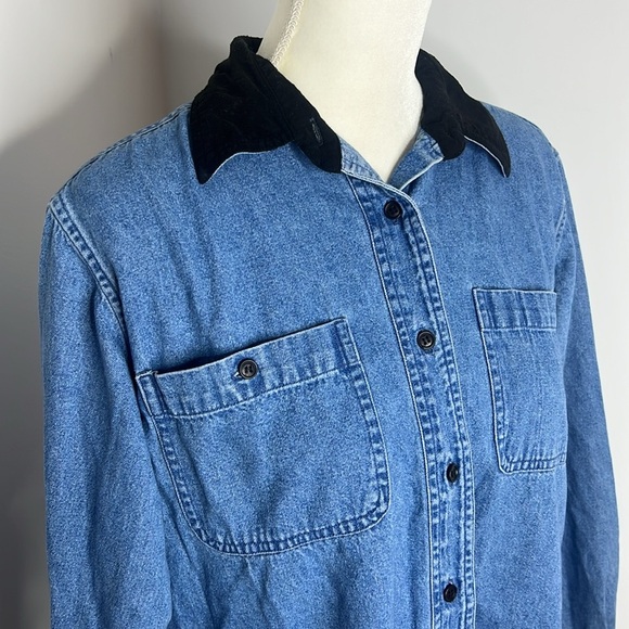 Vintage 90s Country Store Faux Suede Trim Button Up Collard Chessy Cotton Blouse - Picture 5 of 12